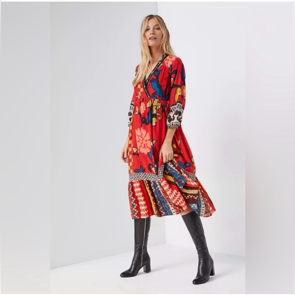 Anthropologie Red Floral Midi Dress
